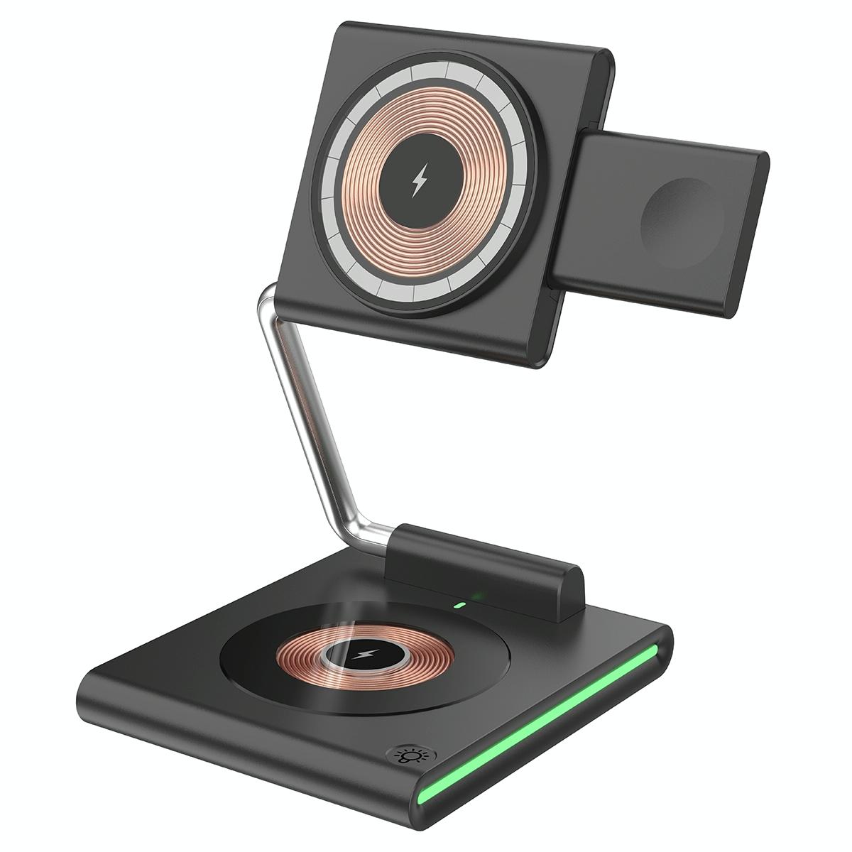 15W Foldable Magnetic Wireless Charger – Black. Fast Qi Charging Stand for Phone, Watch & Earbuds