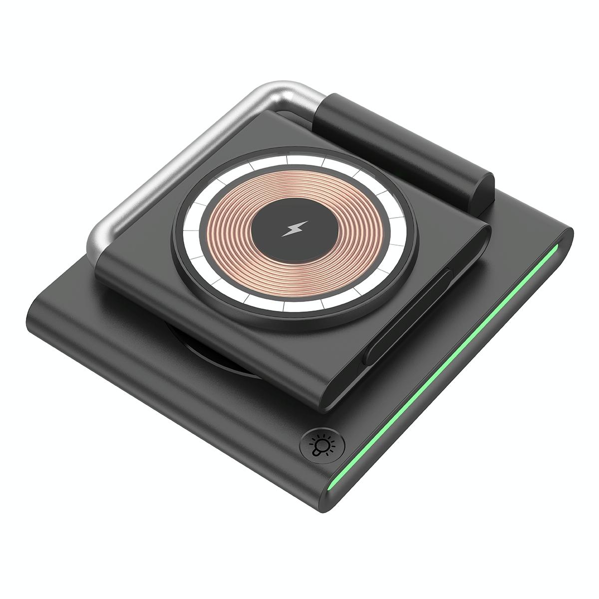 15W Foldable Magnetic Wireless Charger – Black. Fast Qi Charging Stand for Phone, Watch & Earbuds