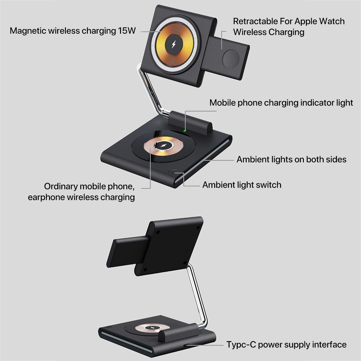 15W Foldable Magnetic Wireless Charger – Black. Fast Qi Charging Stand for Phone, Watch & Earbuds