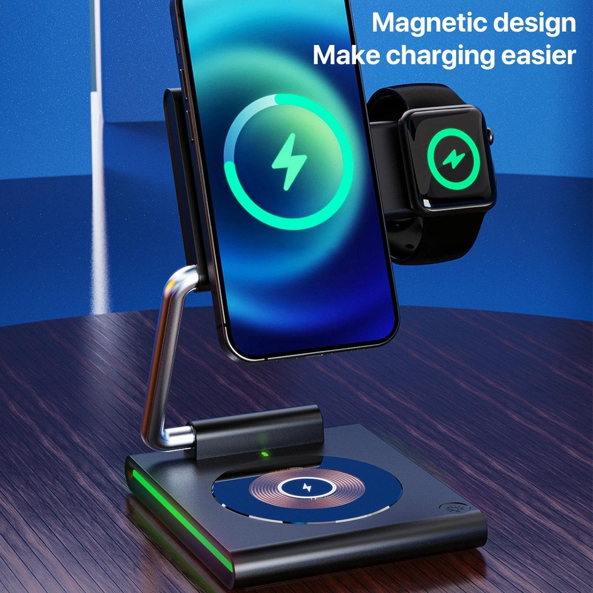 15W Foldable Magnetic Wireless Charger – Black. Fast Qi Charging Stand for Phone, Watch & Earbuds