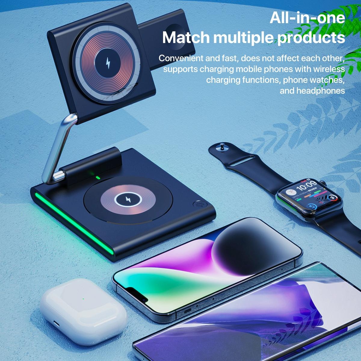 15W Foldable Magnetic Wireless Charger – Black. Fast Qi Charging Stand for Phone, Watch & Earbuds