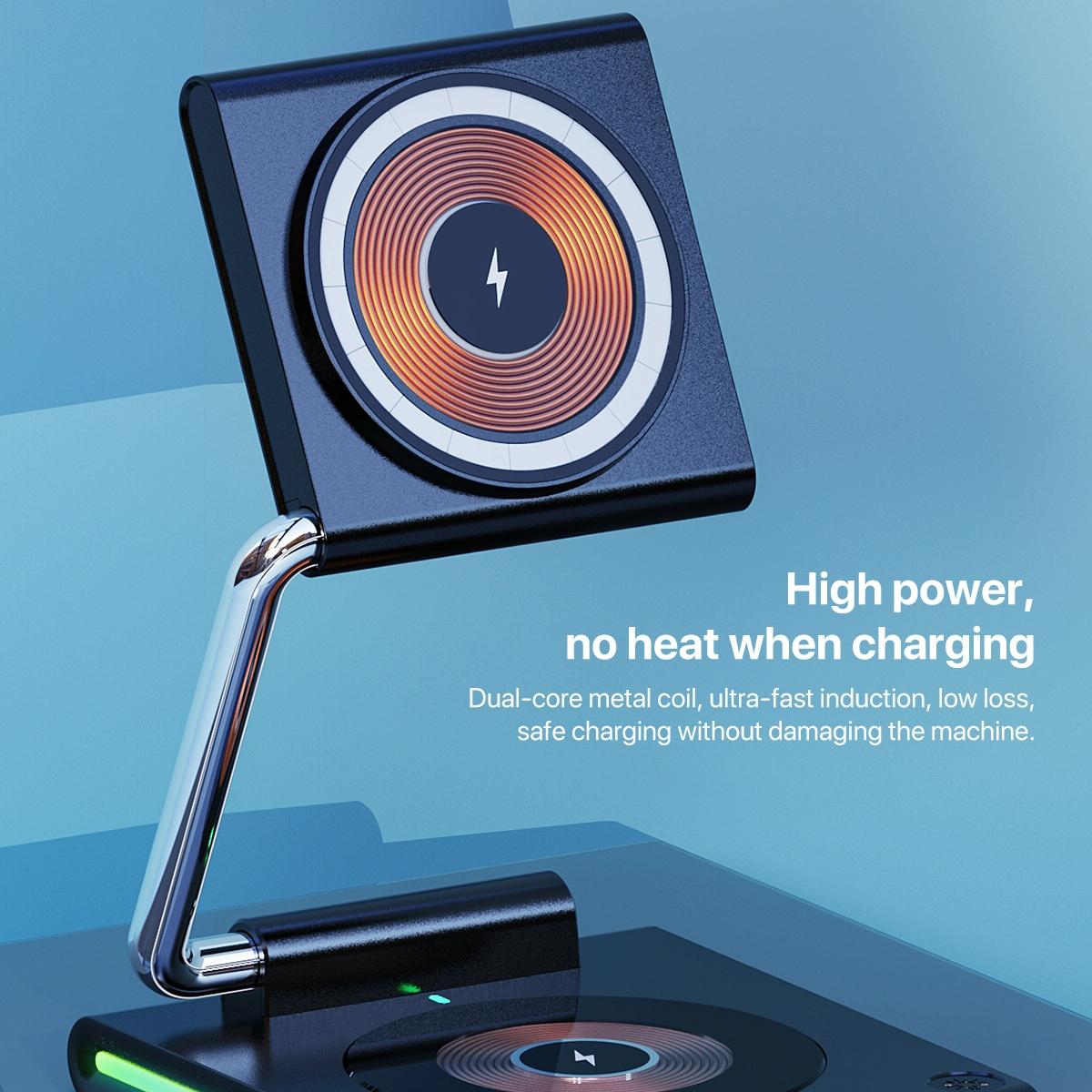 15W Foldable Magnetic Wireless Charger – Black. Fast Qi Charging Stand for Phone, Watch & Earbuds