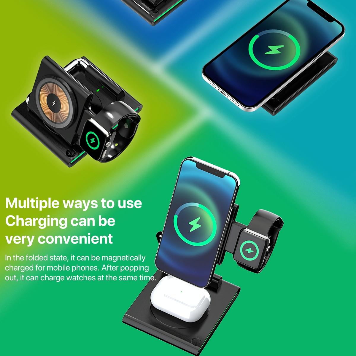 15W Foldable Magnetic Wireless Charger – Black. Fast Qi Charging Stand for Phone, Watch & Earbuds