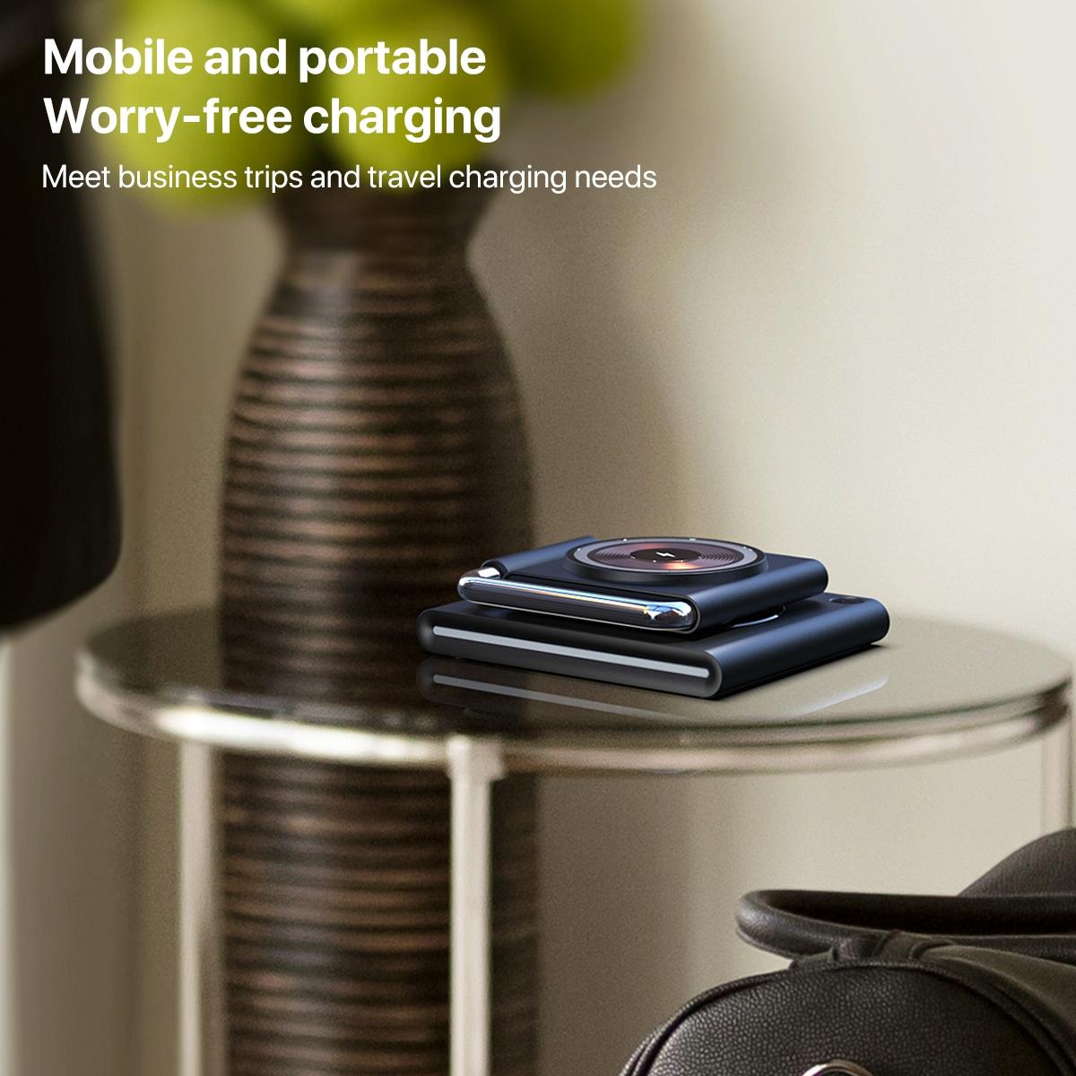 15W Foldable Magnetic Wireless Charger – Black. Fast Qi Charging Stand for Phone, Watch & Earbuds