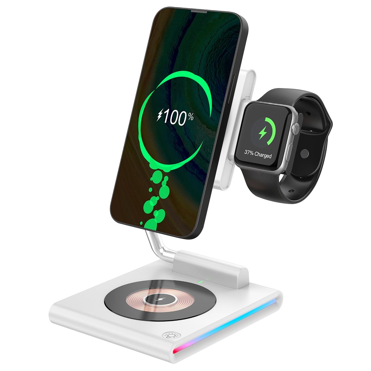15W Foldable Magnetic Wireless Charger – Black. Fast Qi Charging Stand for Phone, Watch & Earbuds
