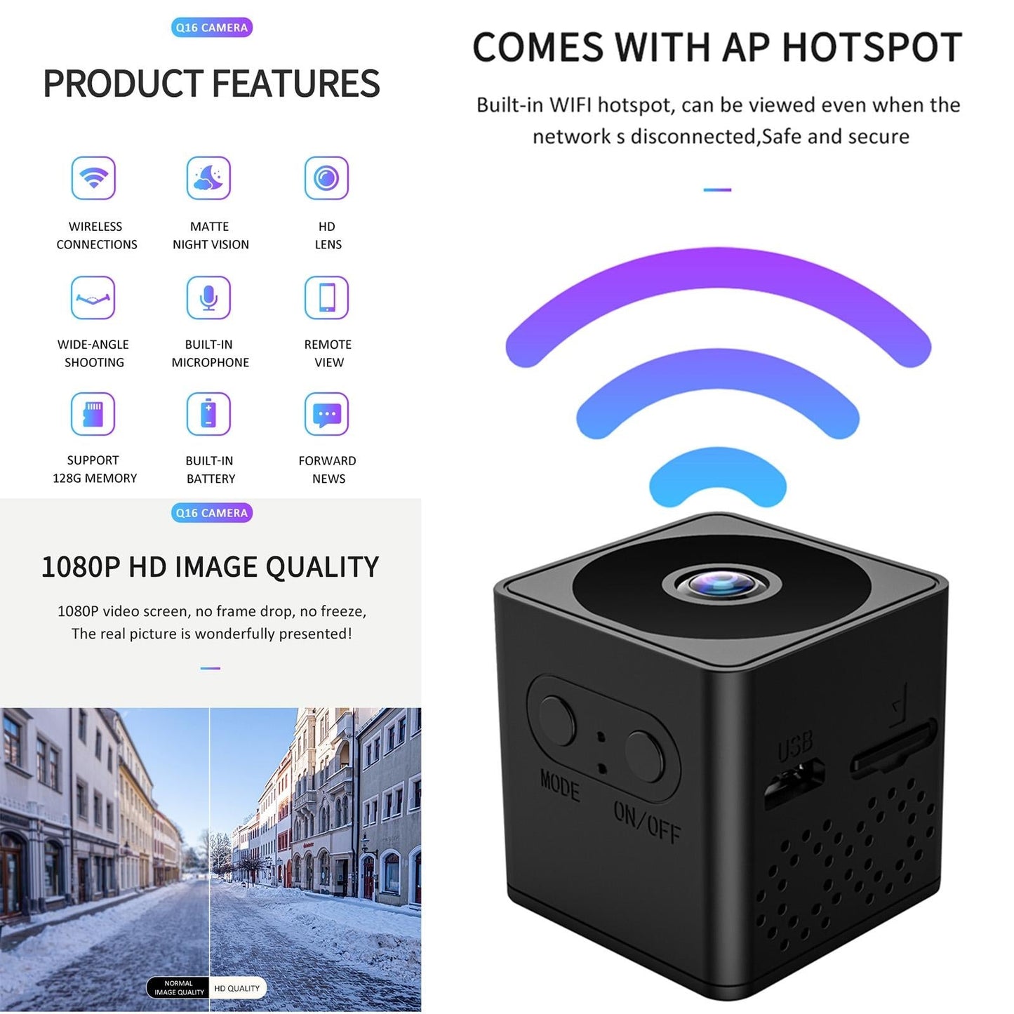 Mini WiFi Action Camera – Night Vision, Motion Detection, HD Video, Portable Security Cam – Black