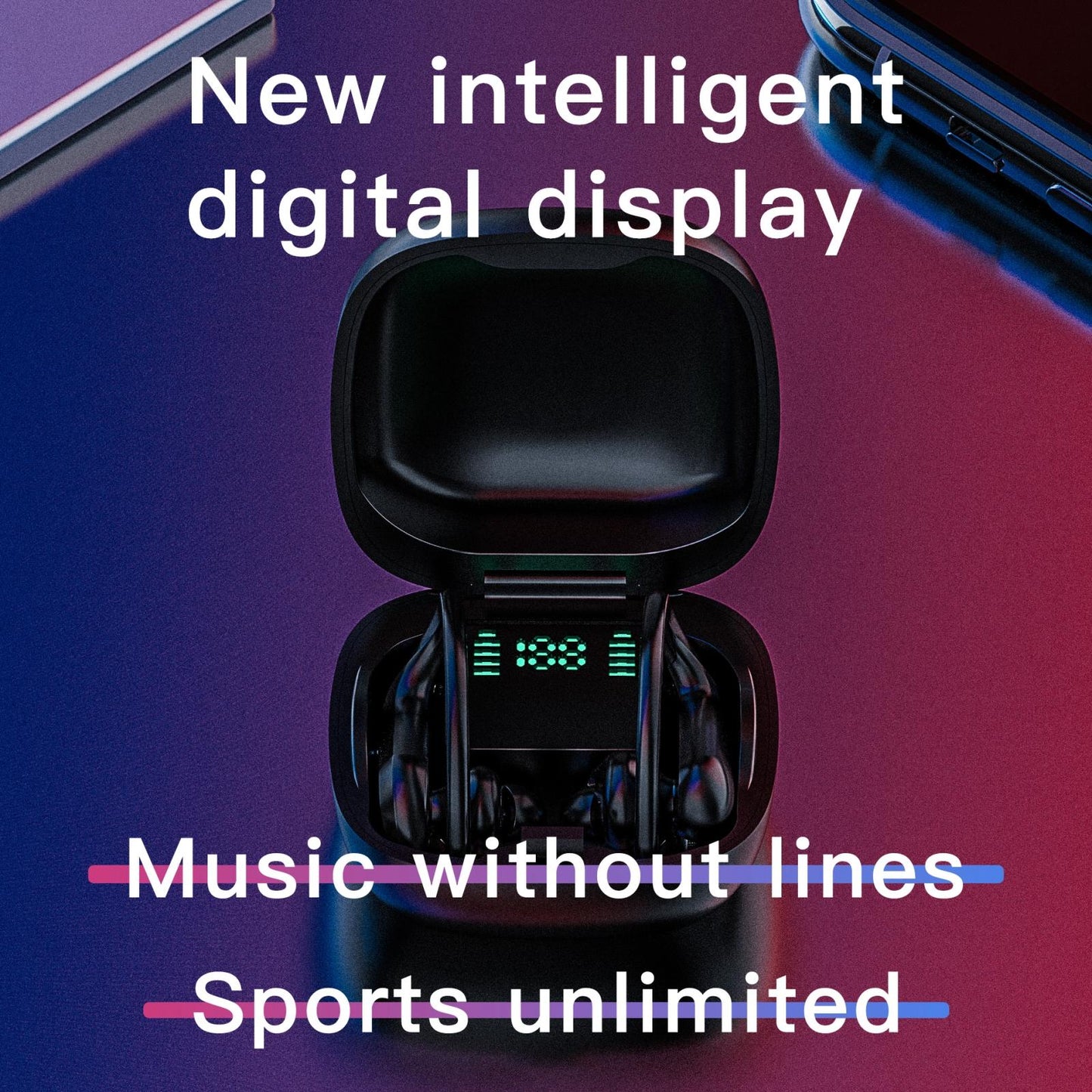 Wireless Bluetooth Earphones with Charging Box & Digital Display – Model 258 – Black