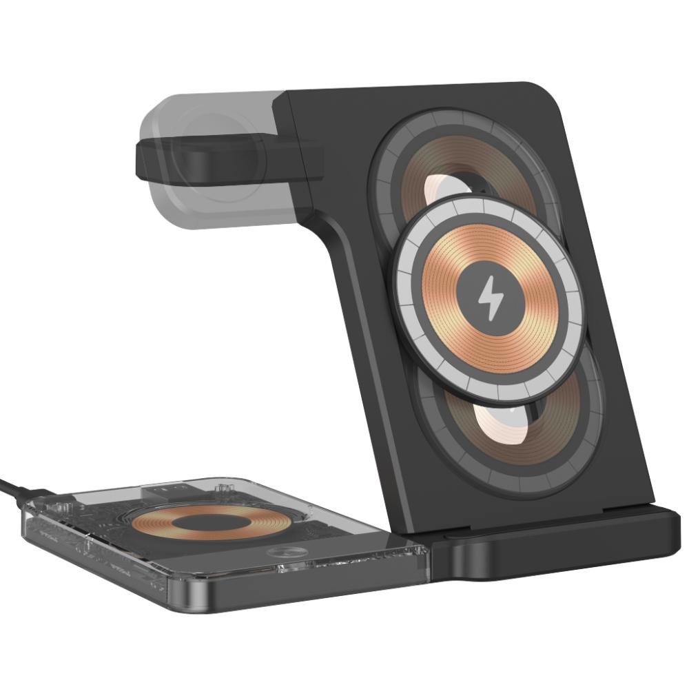 15W 5-in-1 Foldable Magnetic Wireless Charger with Night Light – Black | Fast Qi Wireless Charging Station