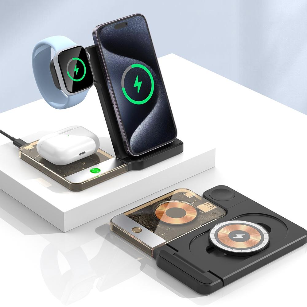 15W 5-in-1 Foldable Magnetic Wireless Charger with Night Light – Black | Fast Qi Wireless Charging Station