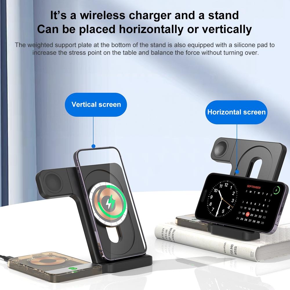 15W 5-in-1 Foldable Magnetic Wireless Charger with Night Light – Black | Fast Qi Wireless Charging Station