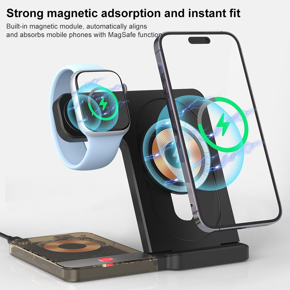 15W 5-in-1 Foldable Magnetic Wireless Charger with Night Light – Black | Fast Qi Wireless Charging Station