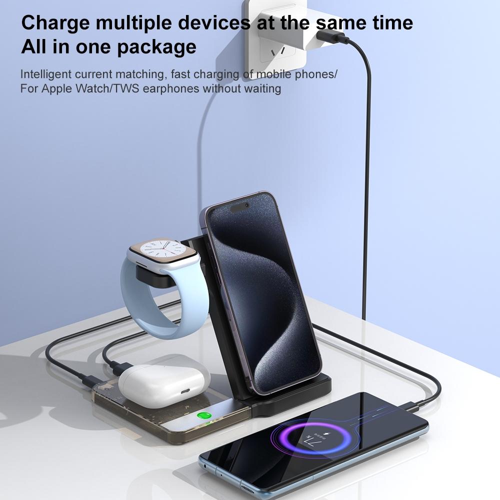 15W 5-in-1 Foldable Magnetic Wireless Charger with Night Light – Black | Fast Qi Wireless Charging Station