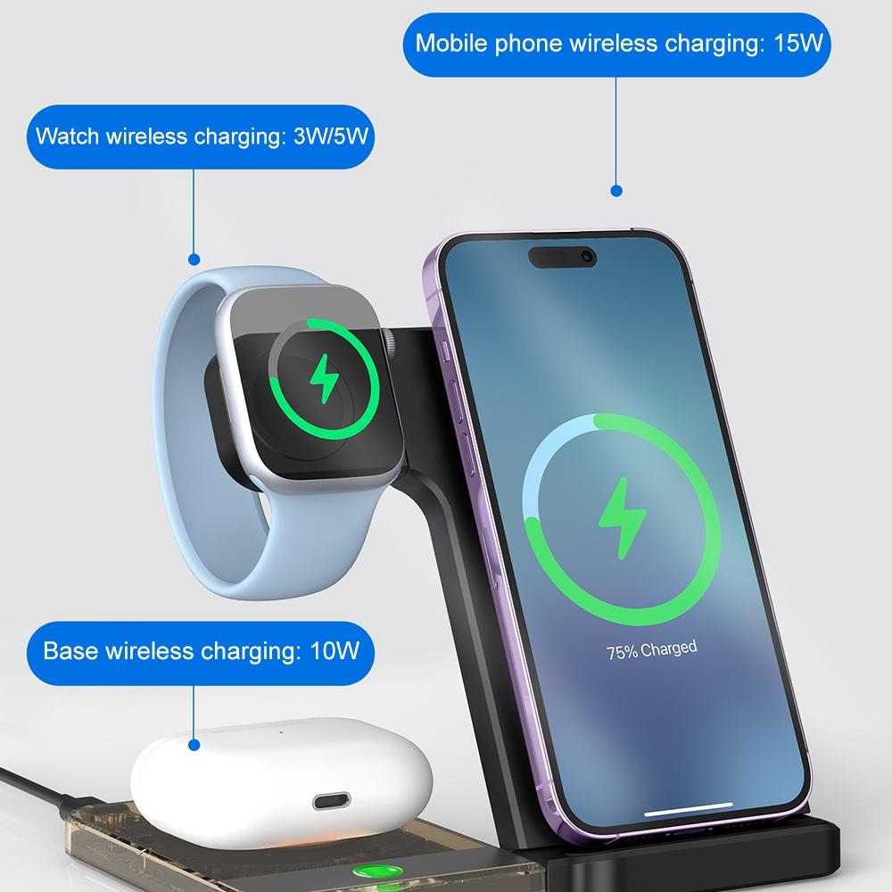 15W 5-in-1 Foldable Magnetic Wireless Charger with Night Light – Black | Fast Qi Wireless Charging Station