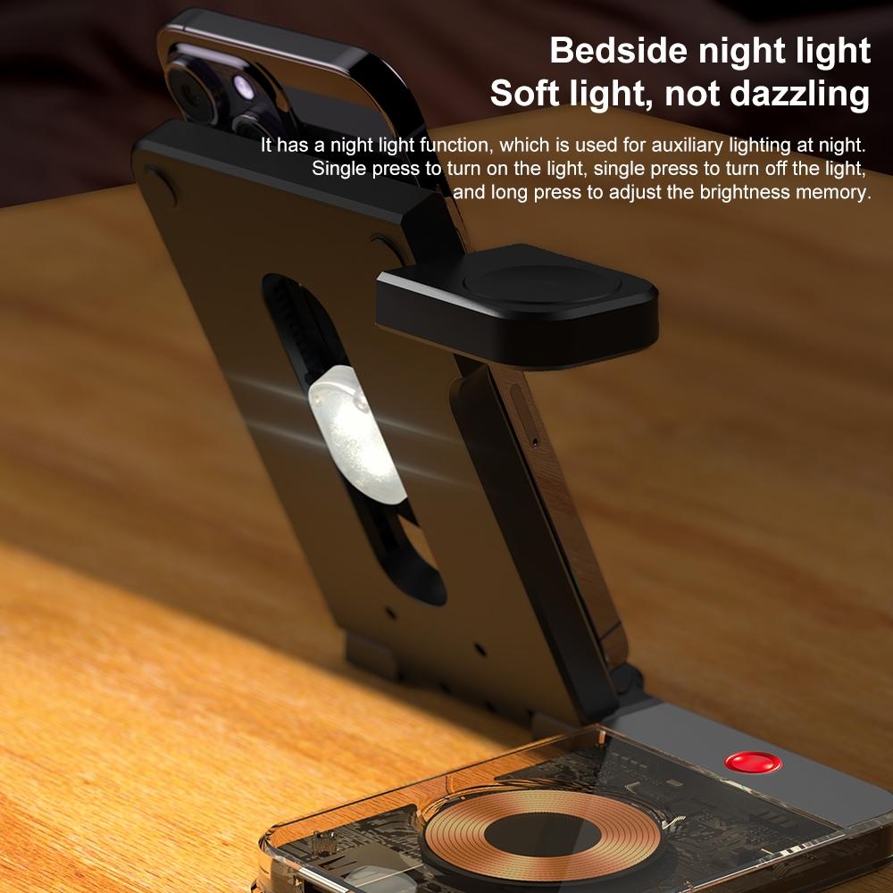 15W 5-in-1 Foldable Magnetic Wireless Charger with Night Light – Black | Fast Qi Wireless Charging Station