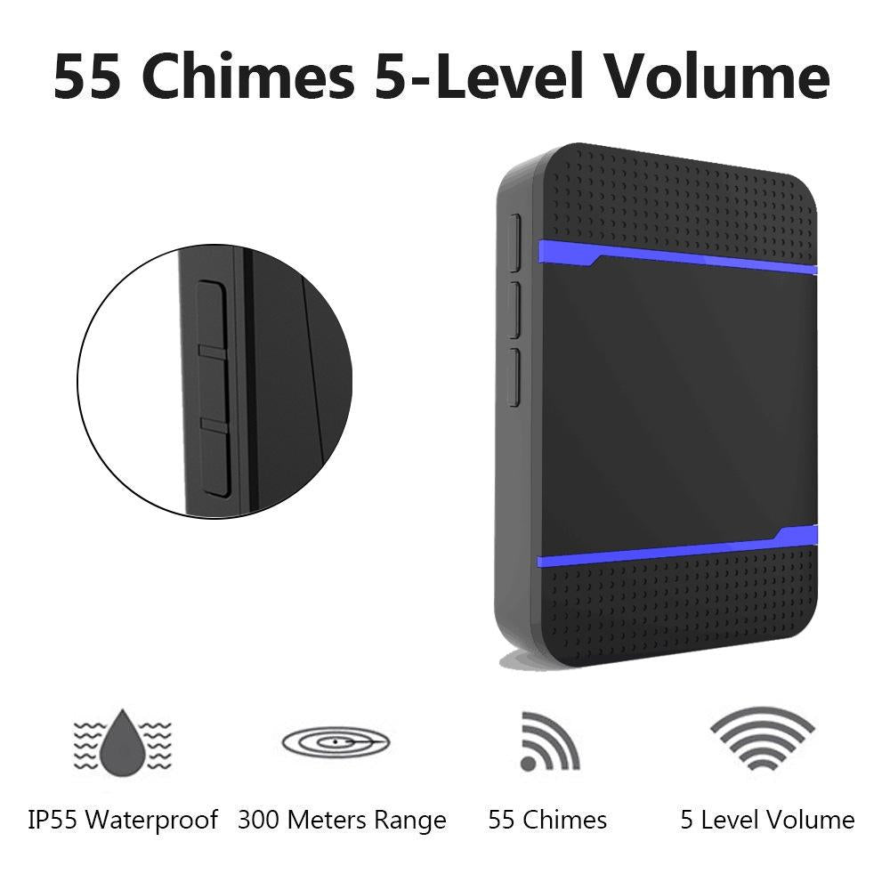 Wireless Waterproof Doorbell with Receiver – 300M Range, 110dB Loud Volume, 53 Chimes, Night Light – Low Power Design – Black
