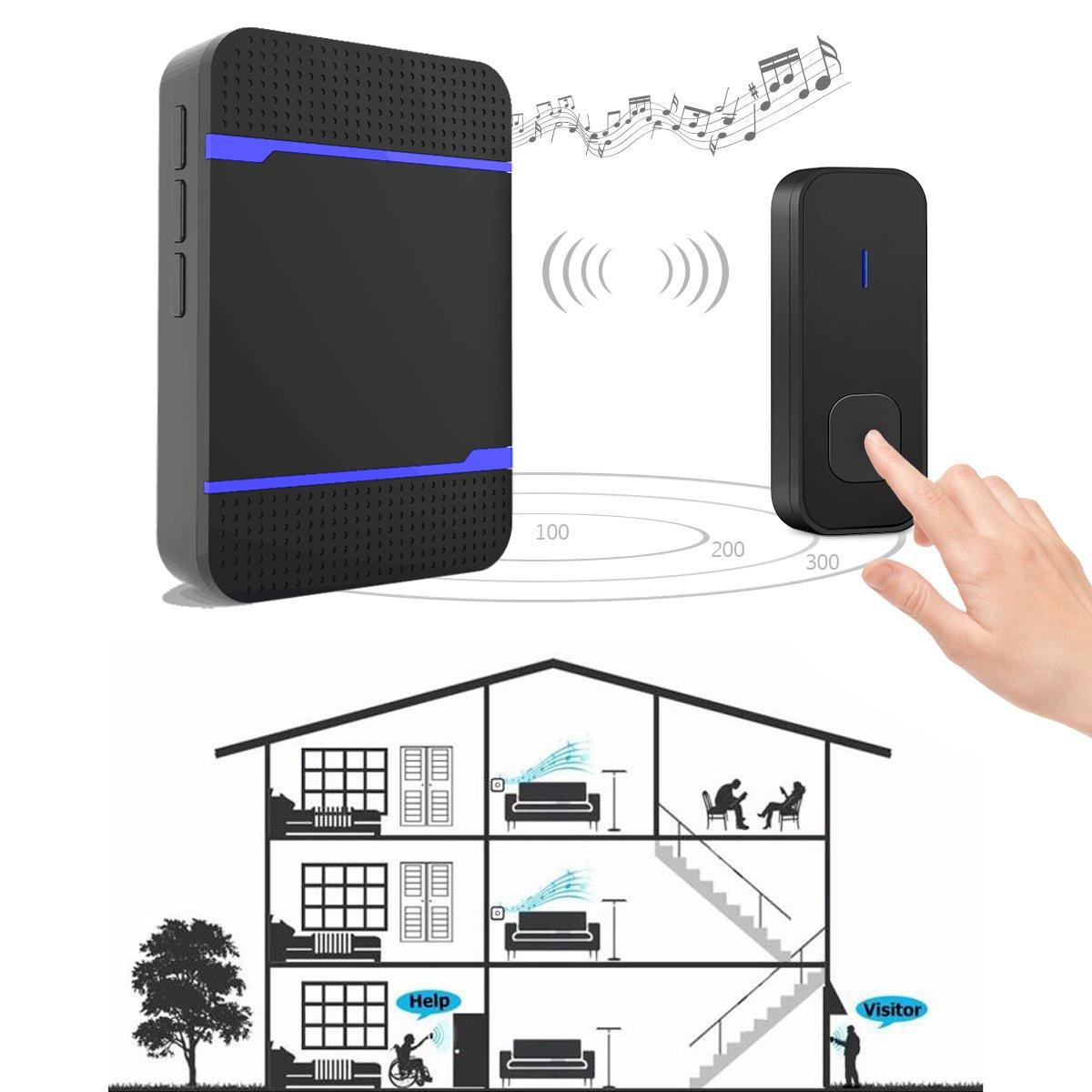 Wireless Waterproof Doorbell with Receiver – 300M Range, 110dB Loud Volume, 53 Chimes, Night Light – Low Power Design – Black