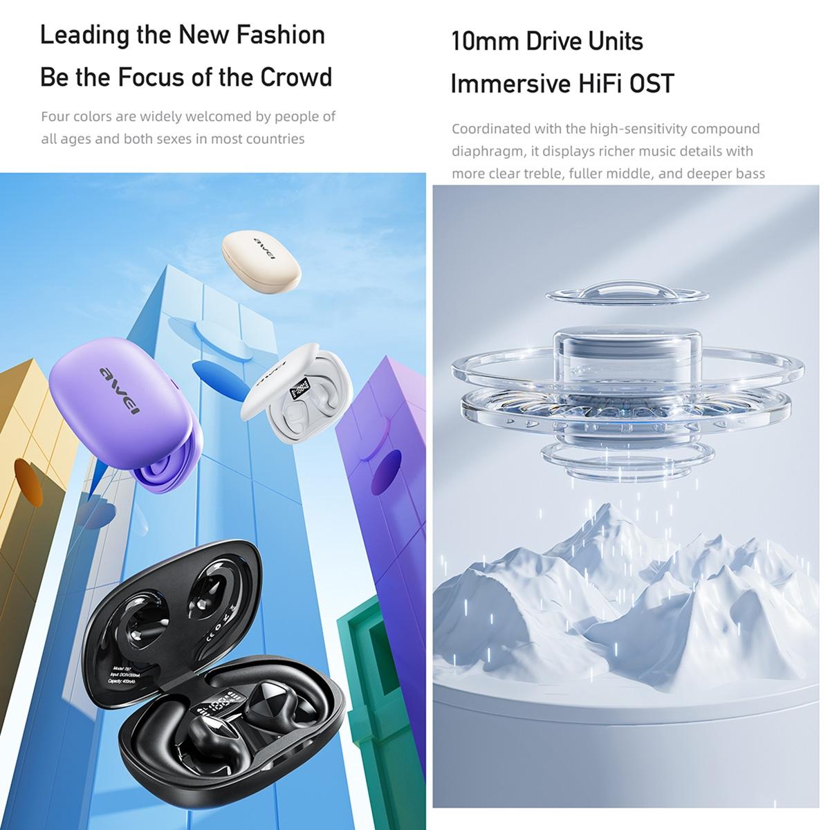 Wireless TWS Bluetooth Earbuds – Air Conduction Technology, Open-Ear Design, Purple. Lightweight & Comfortable Fit