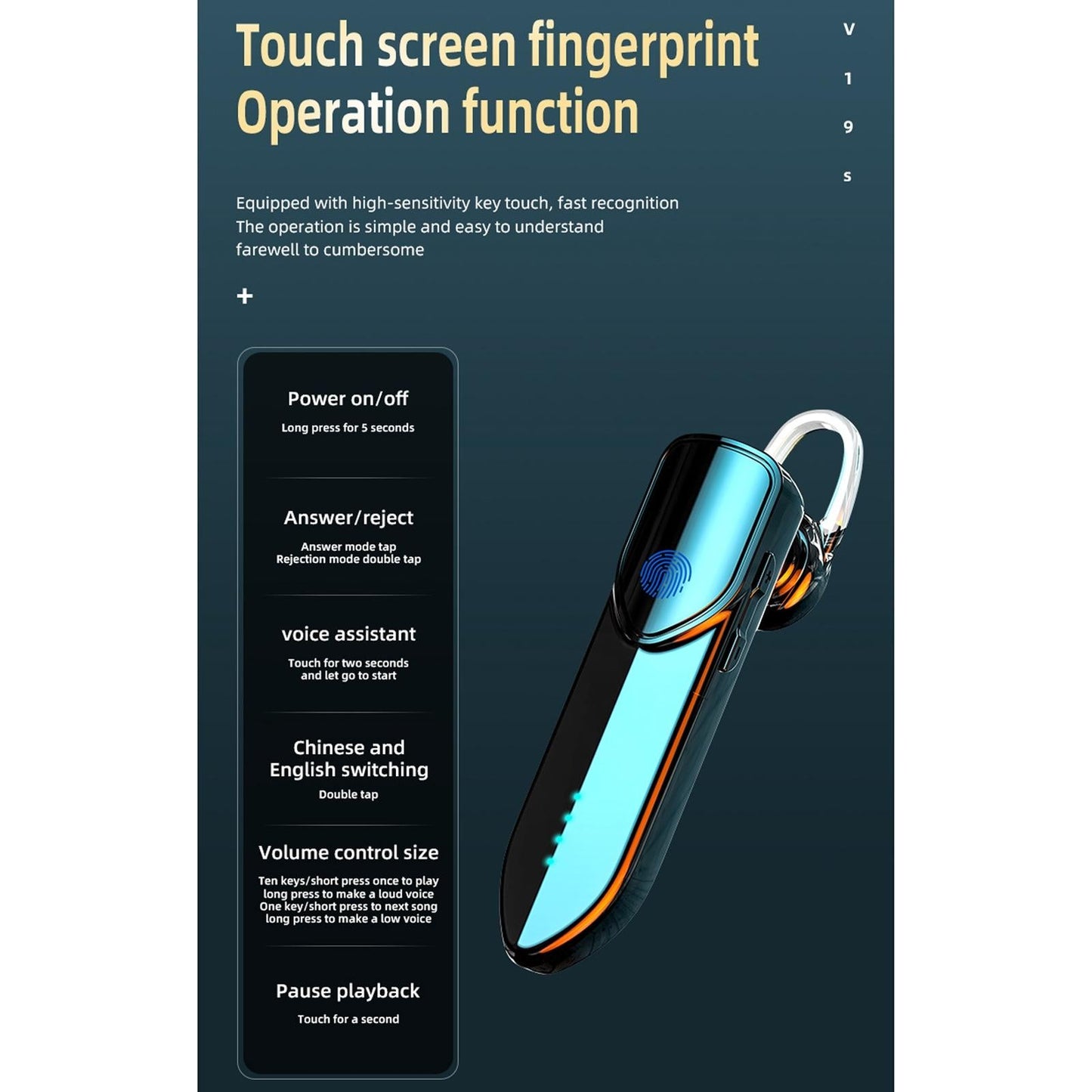 Bluetooth 5.0 Business Earphone with Fingerprint Touch Control – Blue