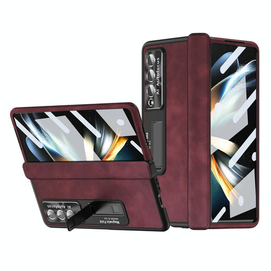 Magnetic Phone Case for Samsung Galaxy Z Fold4 5G – Napa Leather Pattern, Foldable Design – Wine Red