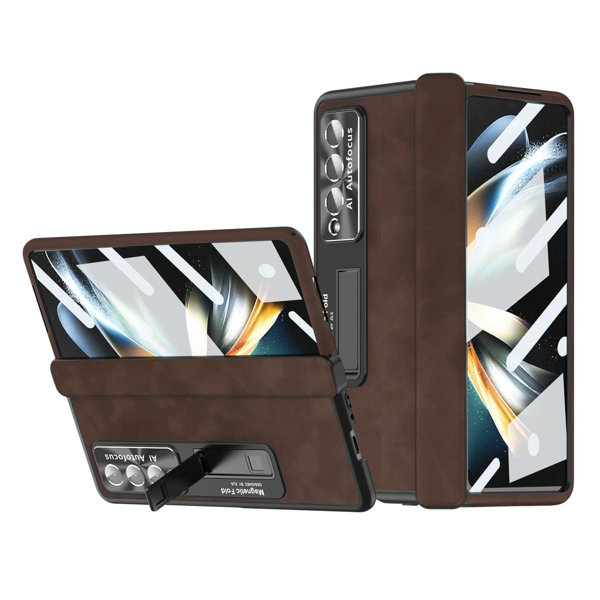 Magnetic Phone Case for Samsung Galaxy Z Fold4 5G – Napa Leather Pattern, Foldable Design – Wine Red