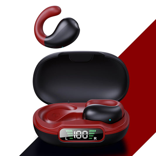 Wireless Bluetooth Earphone with Charging Case – Clip-On Design, Compact & Portable – Black/Red