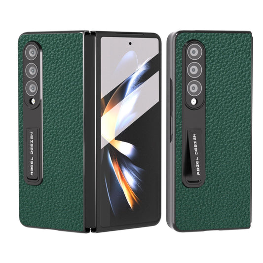 Leather Phone Case with Holder for Samsung Galaxy Z Fold4 5G – Litchi Texture Protective Cover – Green