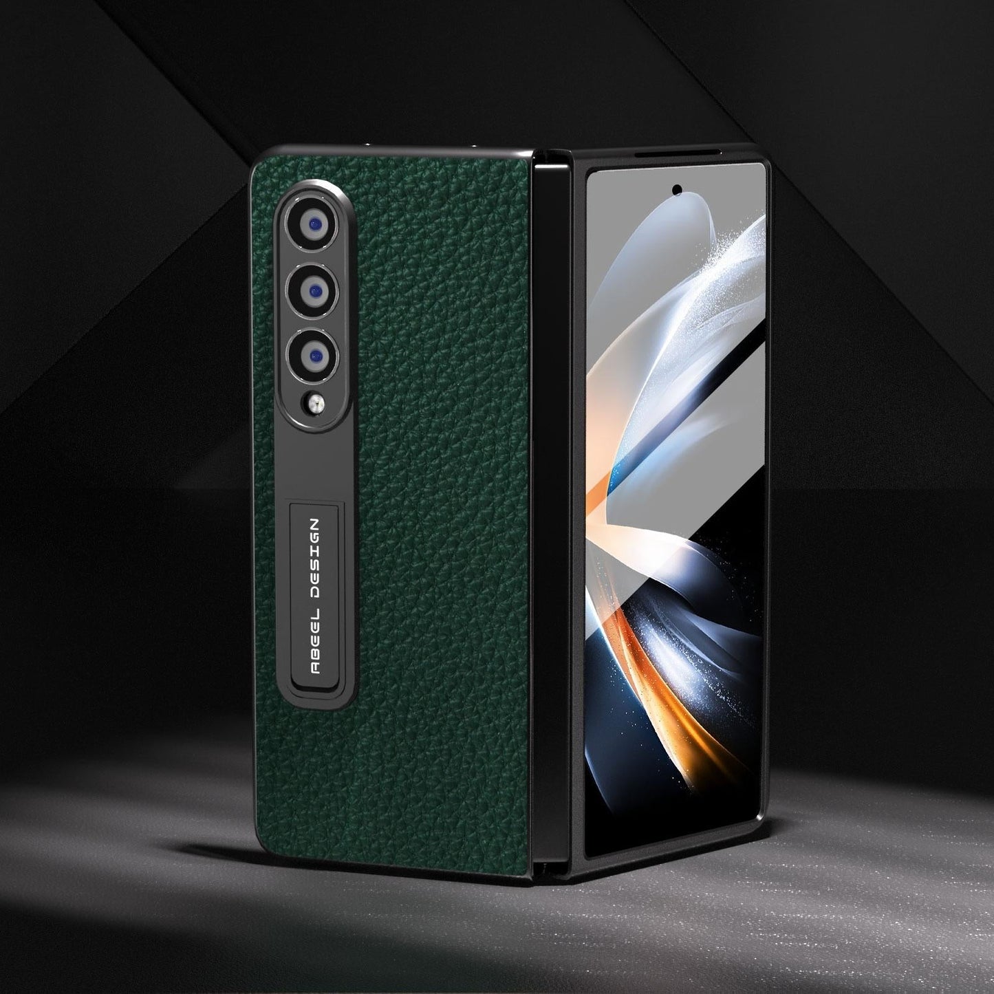 Leather Phone Case with Holder for Samsung Galaxy Z Fold4 5G – Litchi Texture Protective Cover – Green