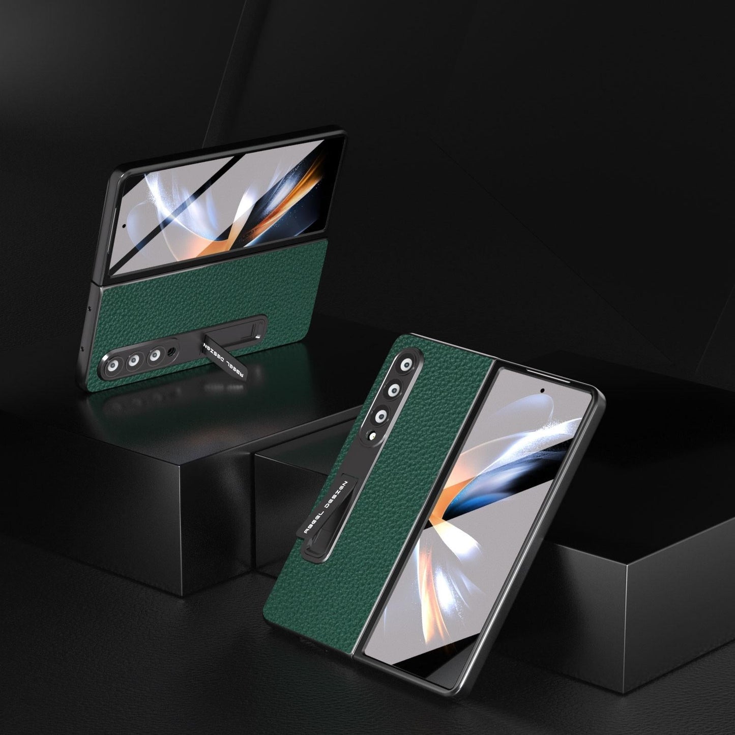 Leather Phone Case with Holder for Samsung Galaxy Z Fold4 5G – Litchi Texture Protective Cover – Green