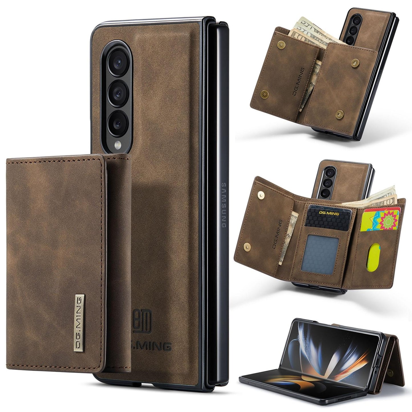 Samsung Galaxy Z Fold4 5G Wallet Case – 3-Fold Leather Cover with Multi Card Holder – Coffee Brown