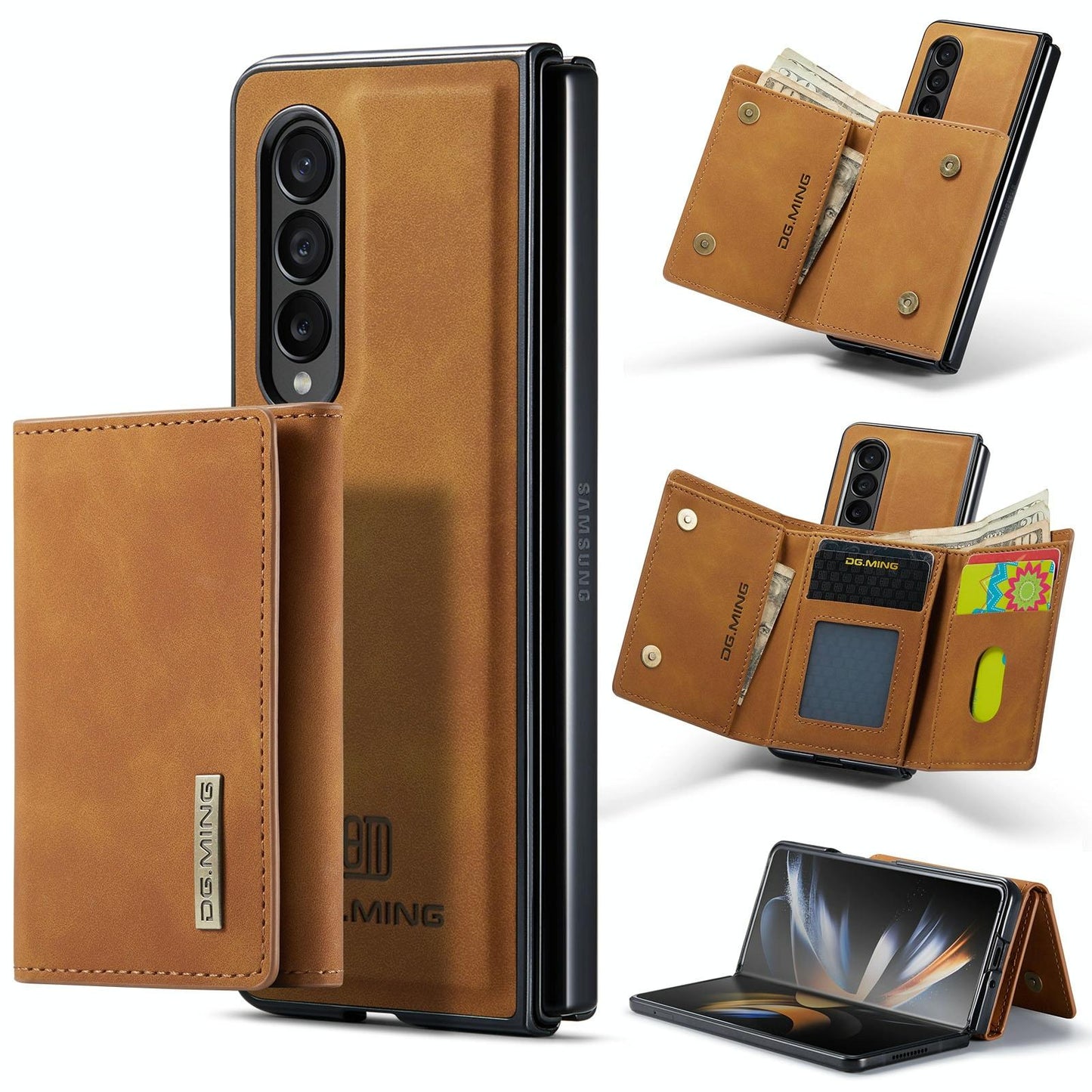Samsung Galaxy Z Fold4 5G Wallet Case – 3-Fold Leather Cover with Multi Card Holder – Coffee Brown