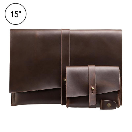 15-Inch Genuine Leather Laptop & Tablet Bag – Universal Fit with Cable Winder & Power Adapter Pocket – Business Style – Coffee Brown