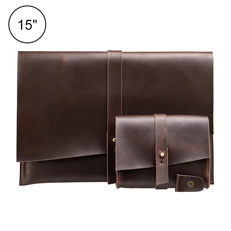 15-Inch Genuine Leather Laptop & Tablet Bag – Universal Fit with Cable Winder & Power Adapter Pocket – Business Style – Coffee Brown