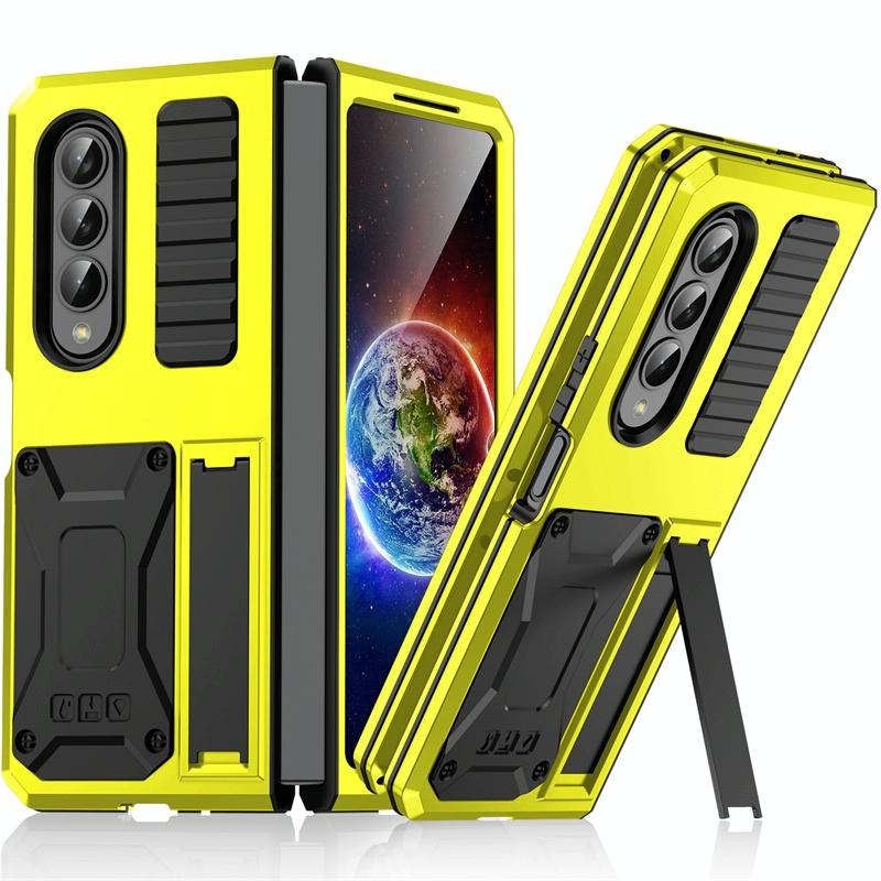 Shockproof Metal Case with Kickstand Holder for Samsung Galaxy Z Fold4 5G – Rugged Full-Body Protection – Yellow