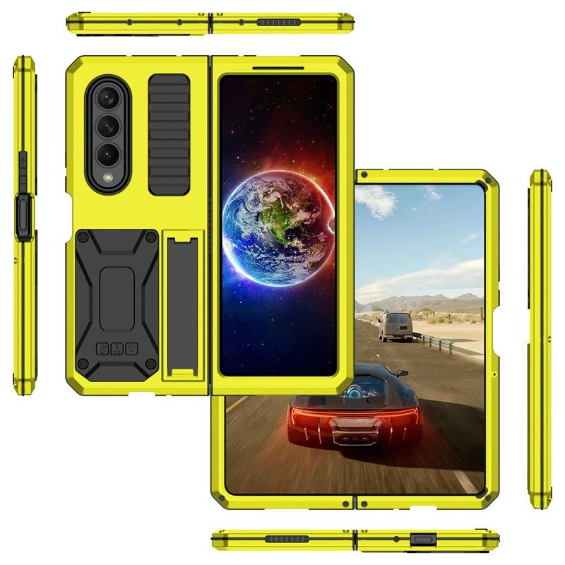 Shockproof Metal Case with Kickstand Holder for Samsung Galaxy Z Fold4 5G – Rugged Full-Body Protection – Yellow