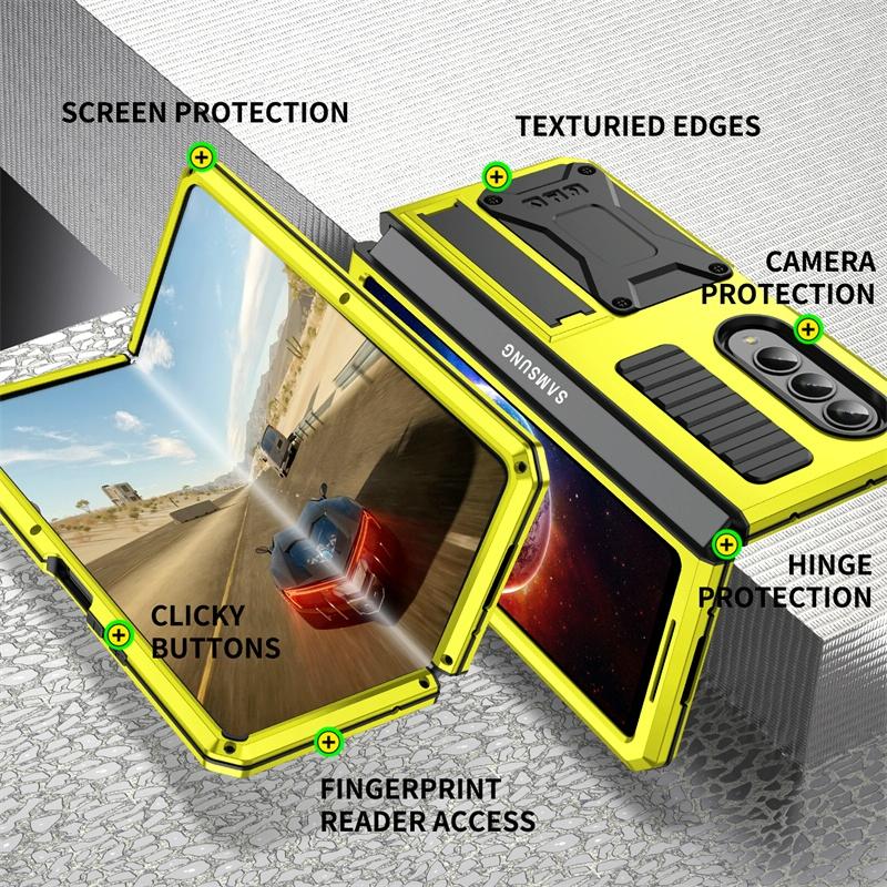 Shockproof Metal Case with Kickstand Holder for Samsung Galaxy Z Fold4 5G – Rugged Full-Body Protection – Yellow