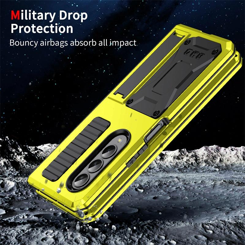 Shockproof Metal Case with Kickstand Holder for Samsung Galaxy Z Fold4 5G – Rugged Full-Body Protection – Yellow