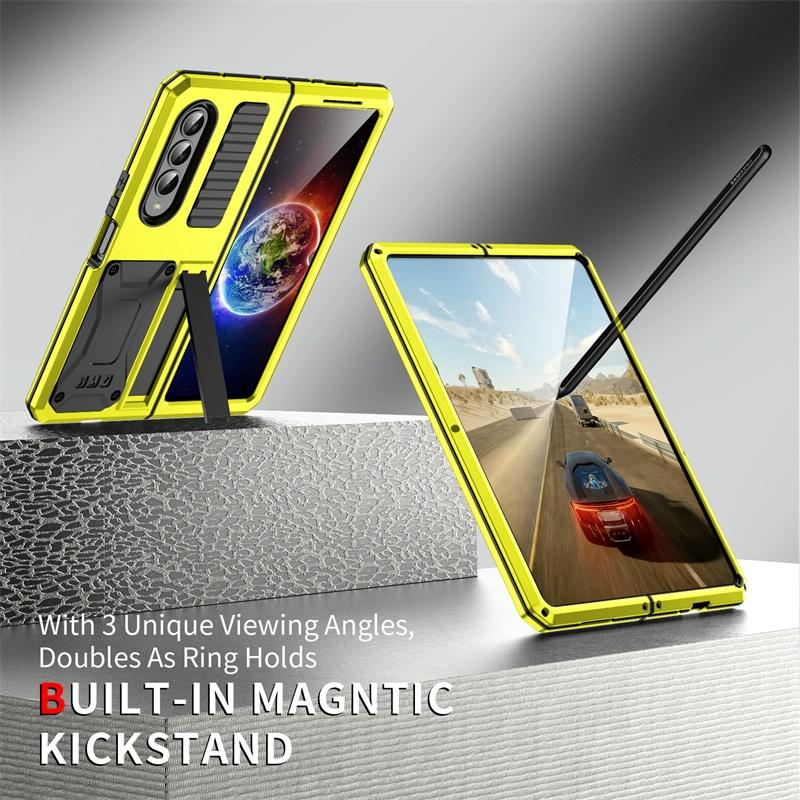 Shockproof Metal Case with Kickstand Holder for Samsung Galaxy Z Fold4 5G – Rugged Full-Body Protection – Yellow