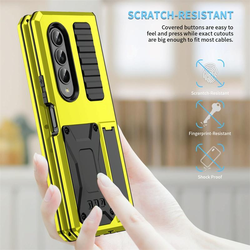 Shockproof Metal Case with Kickstand Holder for Samsung Galaxy Z Fold4 5G – Rugged Full-Body Protection – Yellow