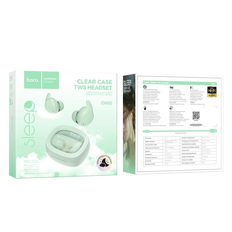 Hoco Wireless Sleep Earbuds – True Bluetooth, Comfortable Fit, Green, for Sleeping & Relaxation