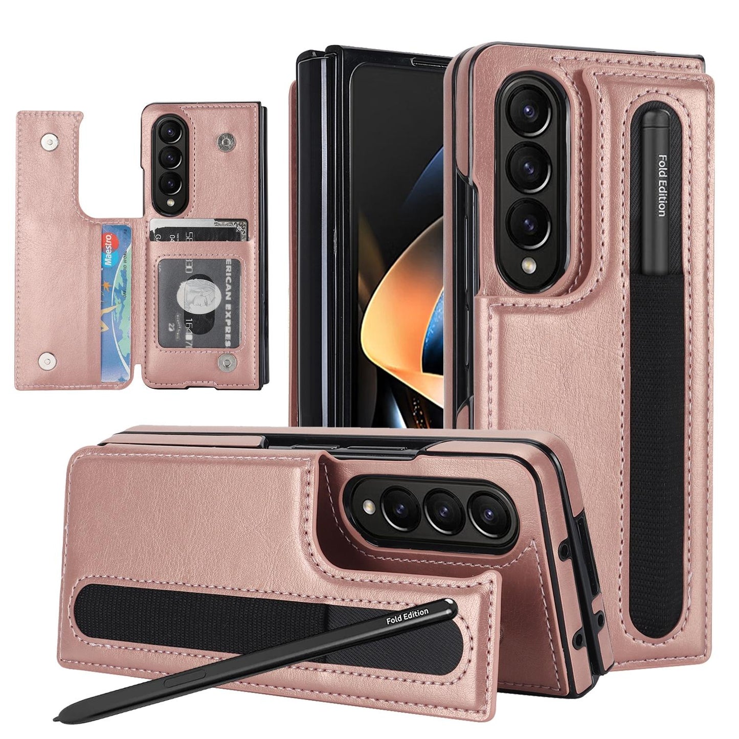 Double Buckle Foldable Phone Case with Pen Slot for Samsung Galaxy Z Fold4 5G – Rose Gold