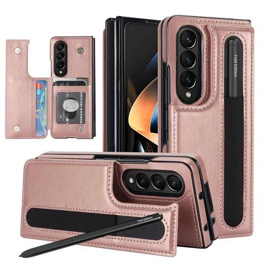 Double Buckle Foldable Phone Case with Pen Slot for Samsung Galaxy Z Fold4 5G – Rose Gold