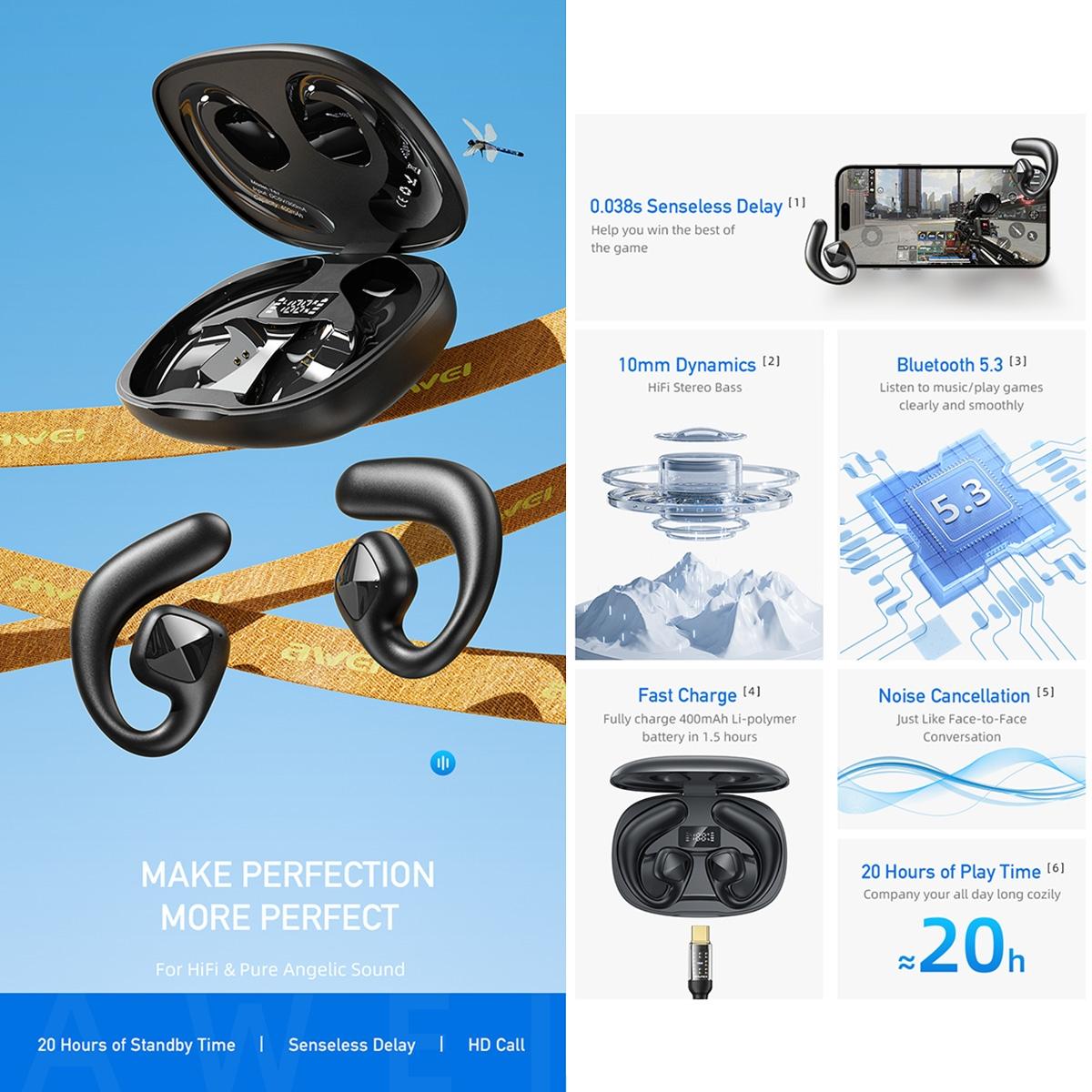 Wireless TWS Bluetooth Earbuds – Air Conduction Technology, Open-Ear Design – Khaki