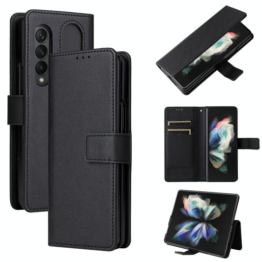 Leather Flip Case with Pen Slot for Samsung Galaxy Z Fold4 5G – Premium Magnetic Cover – Black