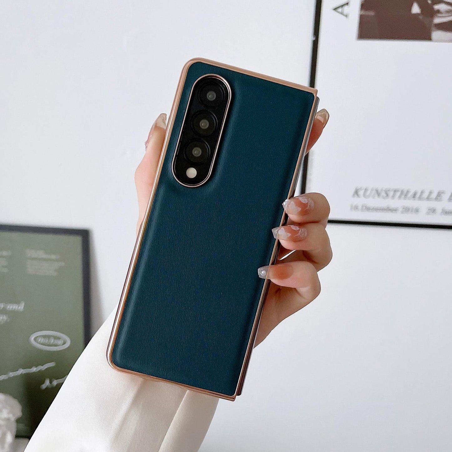 Xiaoya Series Genuine Leather Plating Case for Samsung Galaxy Z Fold4 5G – Premium Dark Green