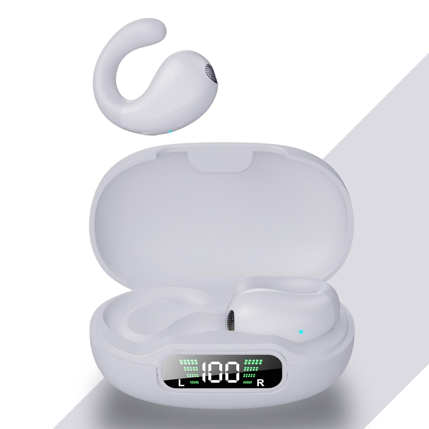 Clip-On Wireless Bluetooth Earphone with Charging Case – Hands-Free In-Ear Headset, White/Blue