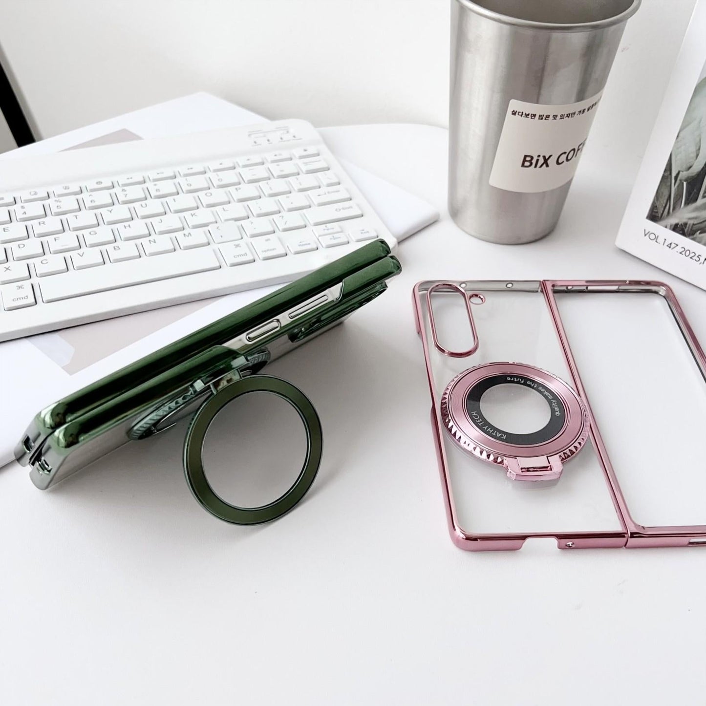 Shockproof MagSafe Rotating Phone Case with Holder for Samsung Galaxy Z Fold4 5G – Plated Finish – Green