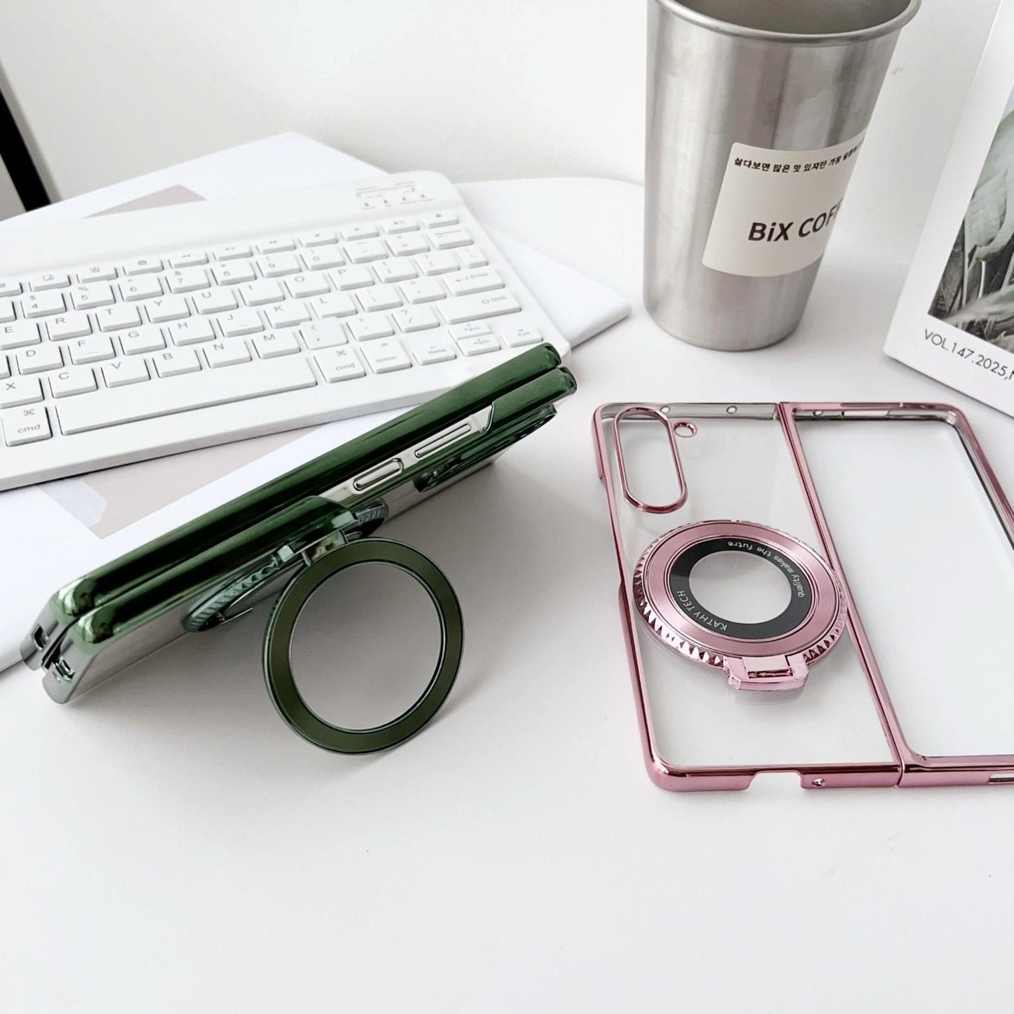 Shockproof MagSafe Rotating Phone Case with Holder for Samsung Galaxy Z Fold4 5G – Plated Finish – Green