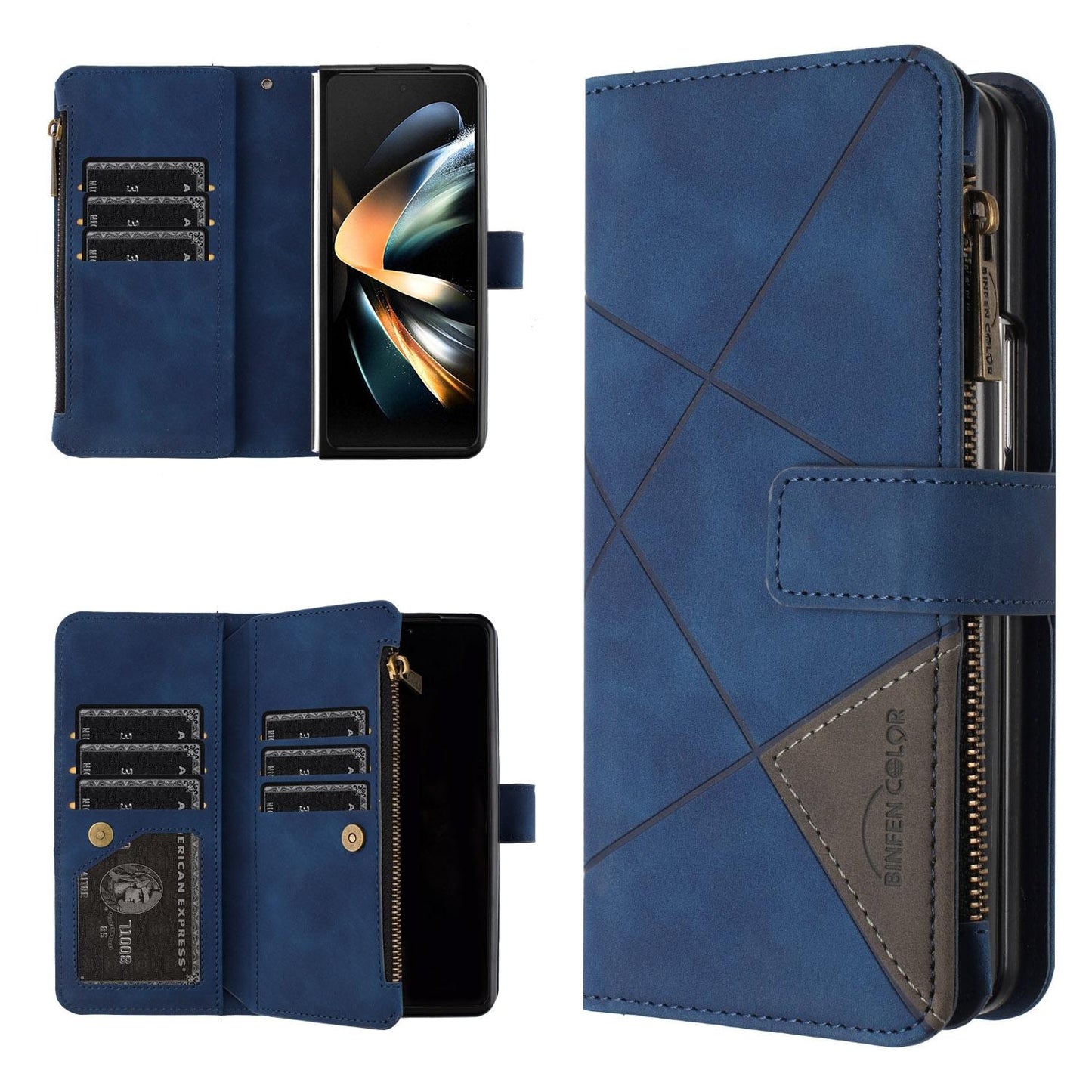 Samsung Galaxy Z Fold4 5G Leather Zip Wallet Case – Rhombus Texture, Card Holder, Magnetic Closure – Blue