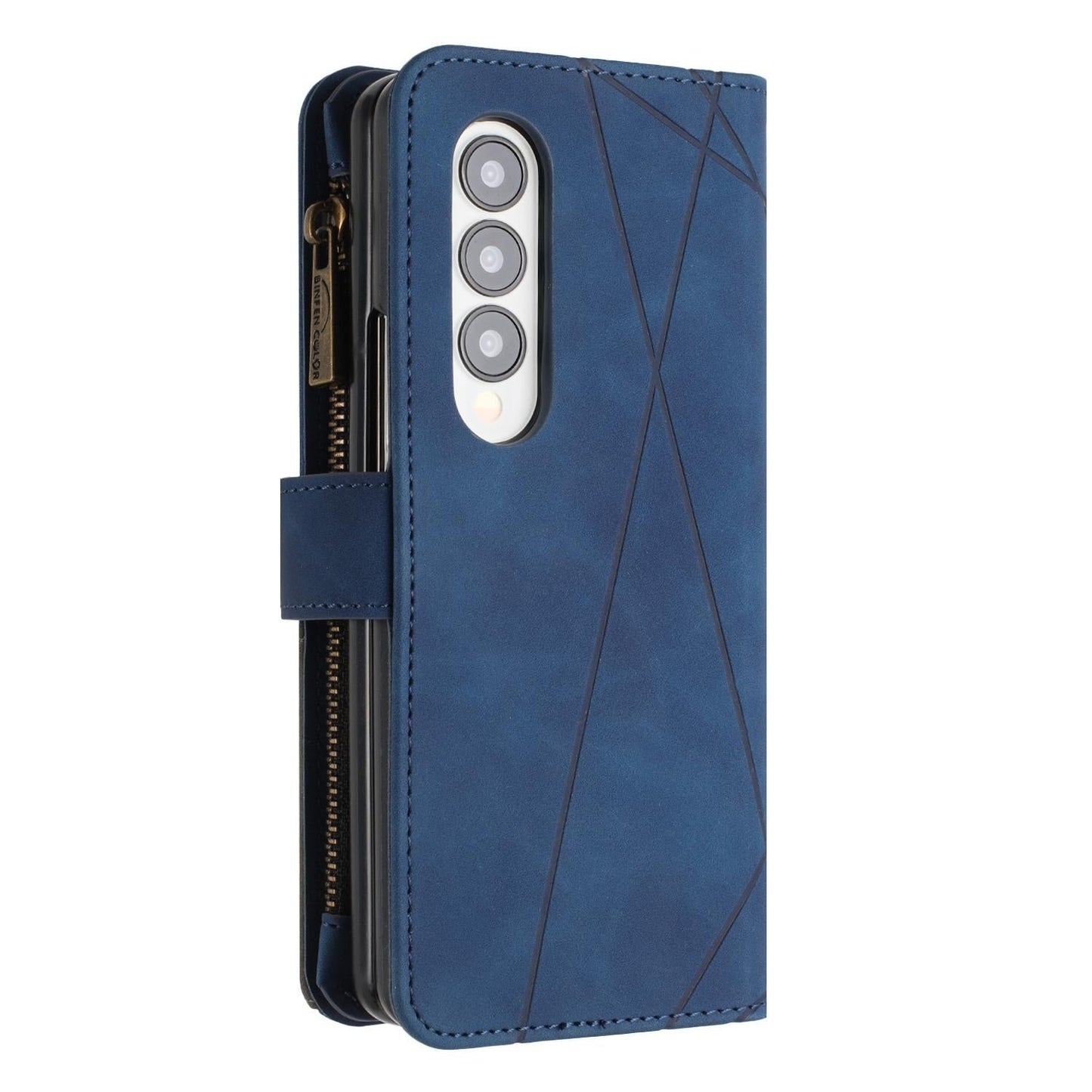 Samsung Galaxy Z Fold4 5G Leather Zip Wallet Case – Rhombus Texture, Card Holder, Magnetic Closure – Blue