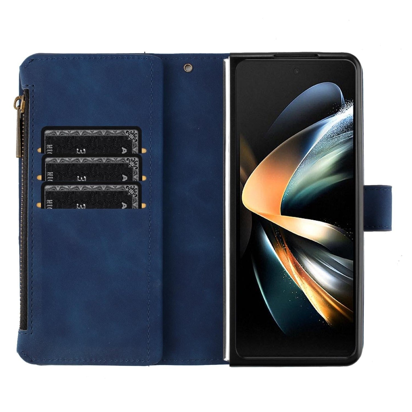 Samsung Galaxy Z Fold4 5G Leather Zip Wallet Case – Rhombus Texture, Card Holder, Magnetic Closure – Blue